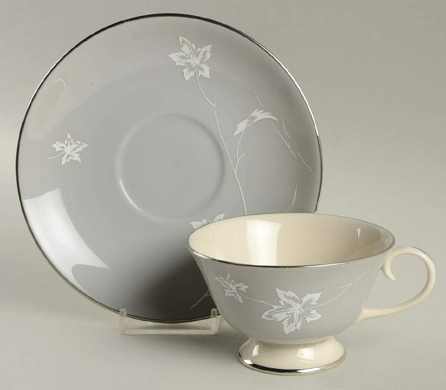 Damask Leaf Grey Footed Cup & Saucer Set by Flintridge-1