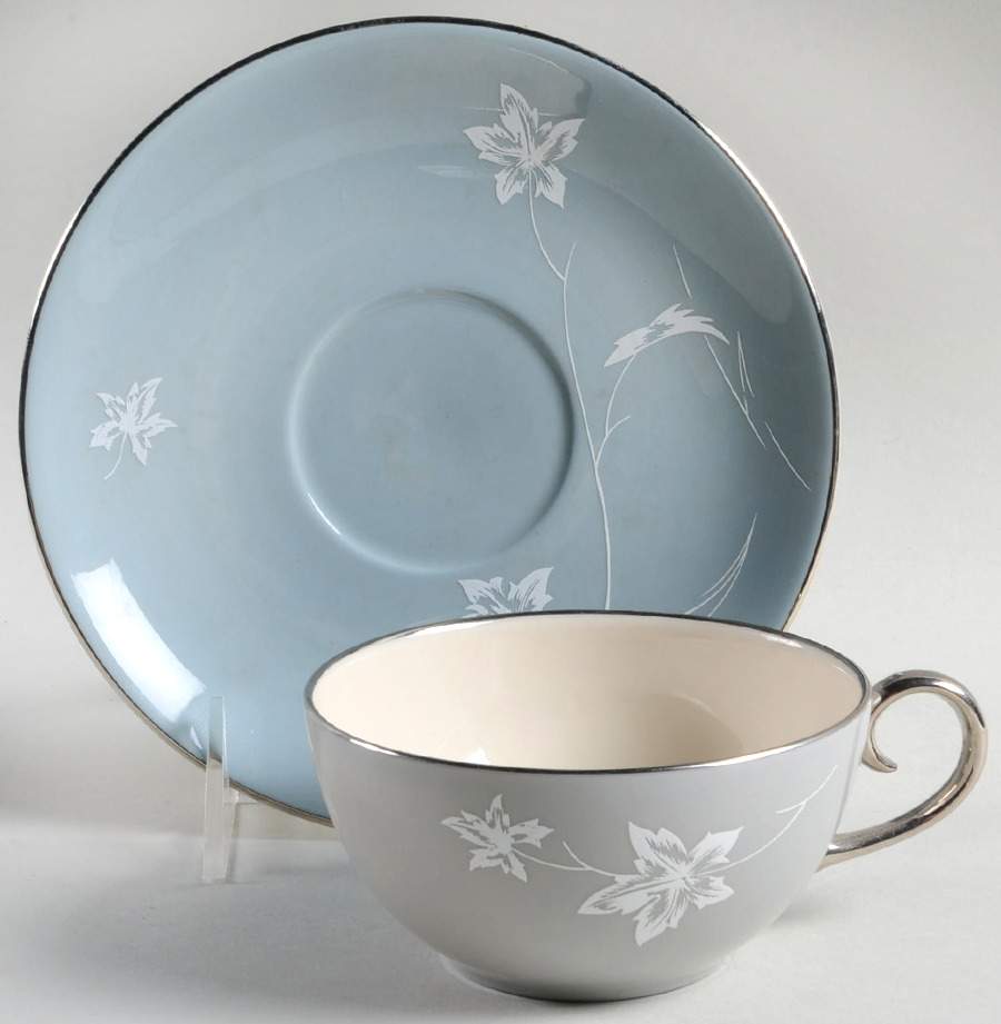 Damask Leaf Grey Flat Cup & Saucer Set by Flintridge-1