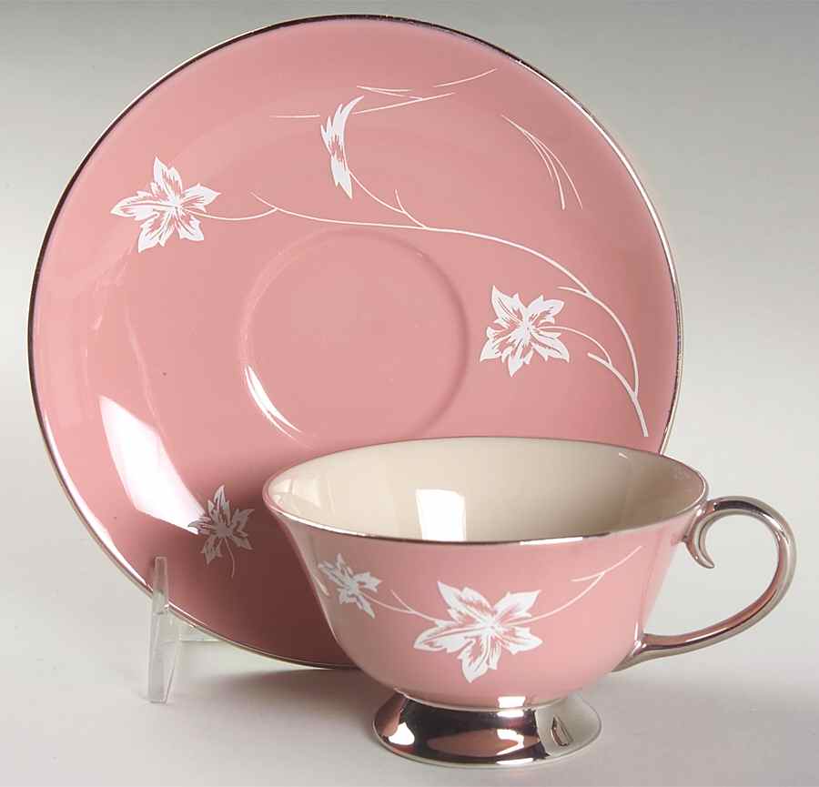 Damask Leaf Pink Footed Cup & Saucer Set by Flintridge-1