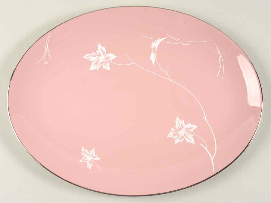 Damask Leaf Pink 14" Oval Serving Platter by Flintridge-1