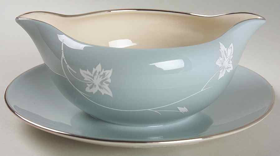 Damask Leaf Strata Blue Gravy Boat with Attached Underplate by Flintridge-1