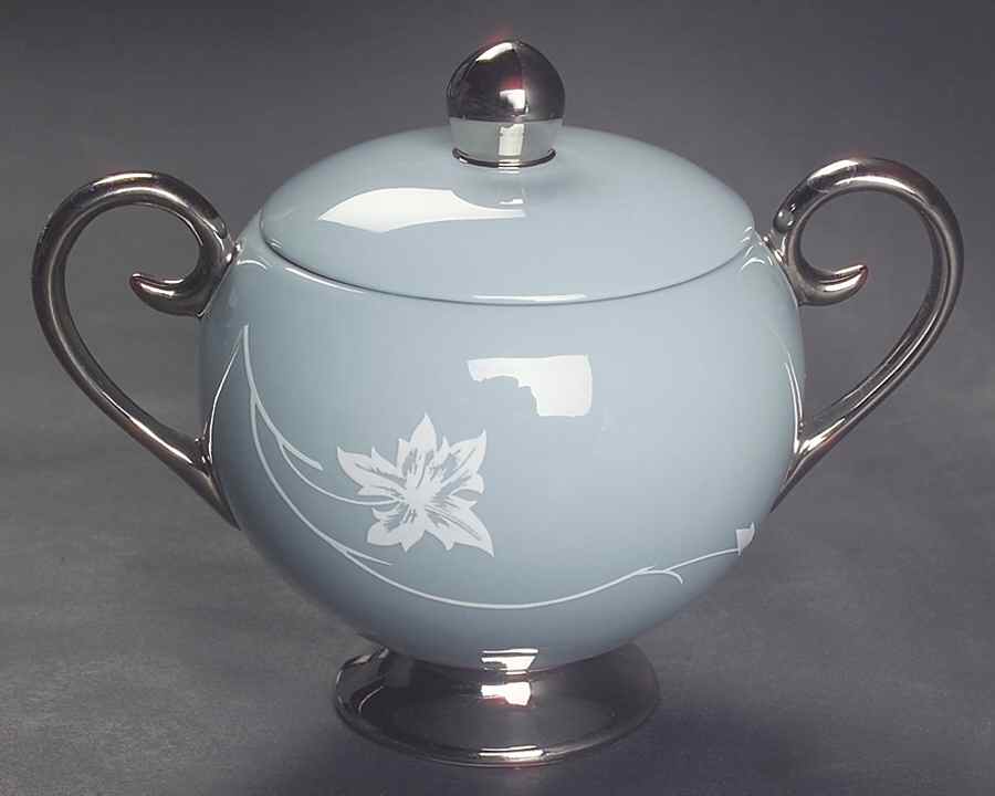 Damask Leaf Strata Blue Sugar Bowl & Lid by Flintridge-1