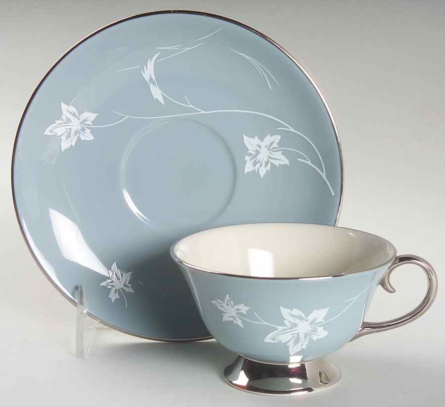 Damask Leaf Strata Blue Flat Cup & Saucer Set by Flintridge-1