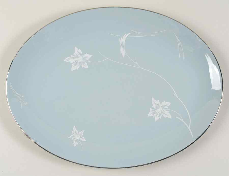 Damask Leaf Strata Blue 14" Oval Serving Platter by Flintridge-1