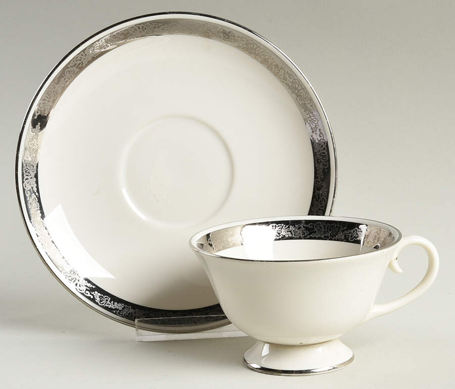 Elegante (Platinum Trim, Rim Shape) Footed Cup & Saucer Set by Flintridge-1