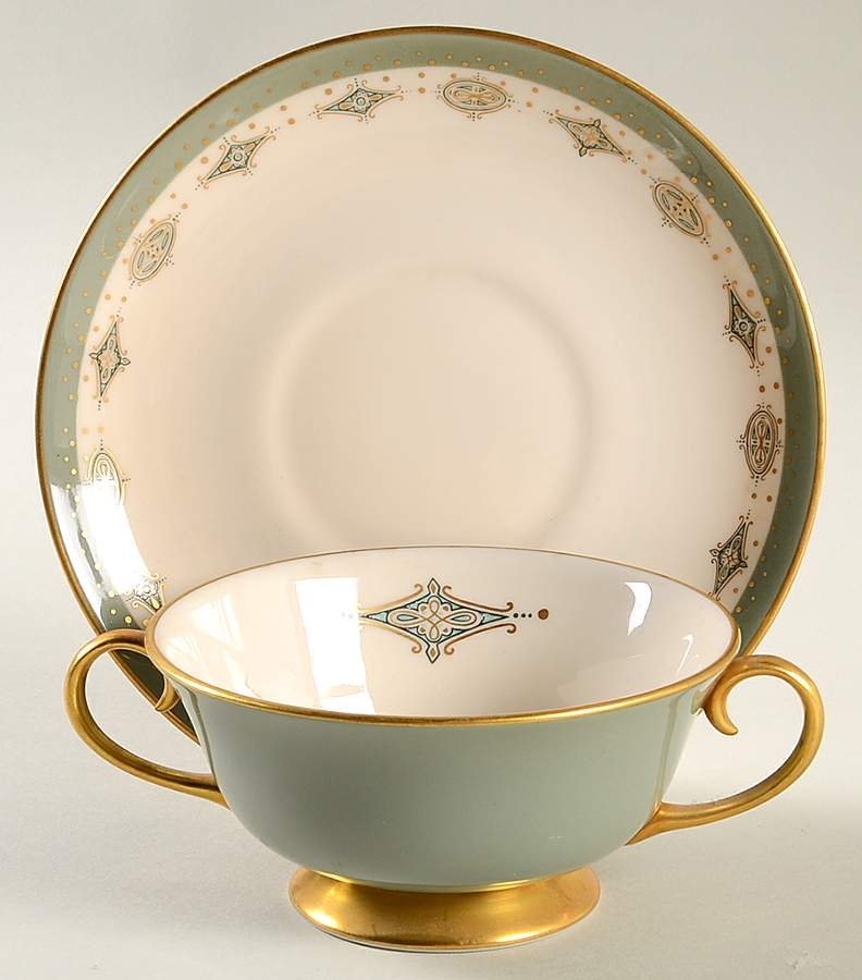 Empress Sage Green Band (Gold Trim, Coupe) Footed Cream Soup Bowl & Saucer Set by Flintridge-1