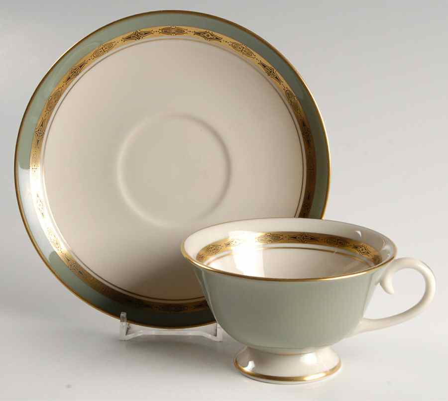 First Lady Green (Gold Trim, Rim) Footed Cup & Saucer Set by Flintridge-1