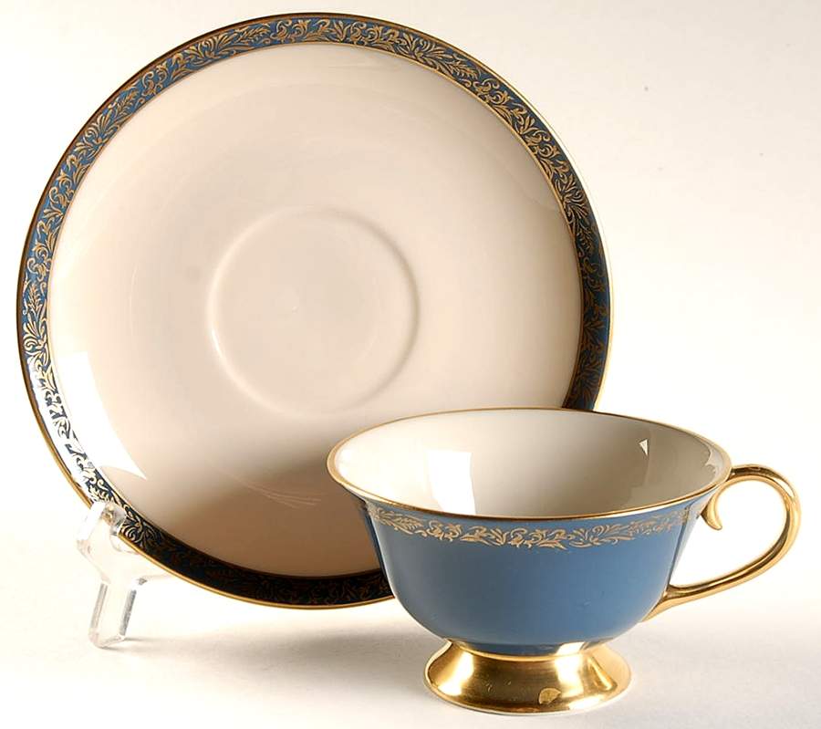 Florentine Mystic Blue (Gold Trim, Coupe) Footed Cup & Saucer Set by Flintridge-1