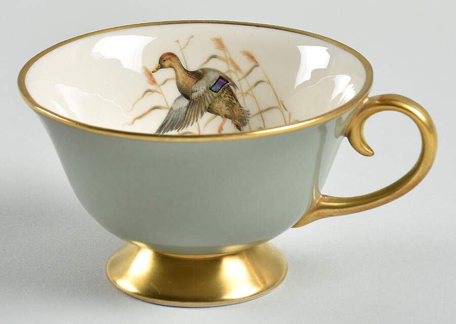 Game Birds Sage Green (Gold Trim, Rim) Footed Cup by Flintridge-1