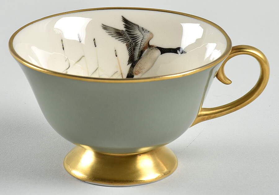 Game Birds Sage Green (Gold Trim, Rim) Footed Cup by Flintridge-1