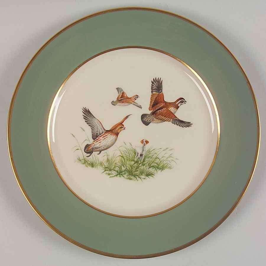 Game Birds Sage Green (Gold Trim, Rim) Dinner Plate by Flintridge-1