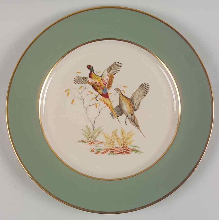 Game Birds Sage Green (Gold Trim, Rim) Dinner Plate by Flintridge-1