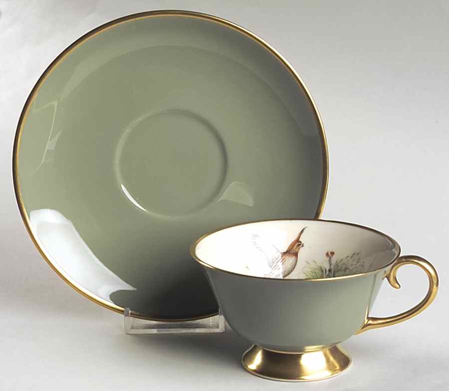 Game Birds Sage Green (Gold Trim, Rim) Footed Cup & Saucer Set by Flintridge-1