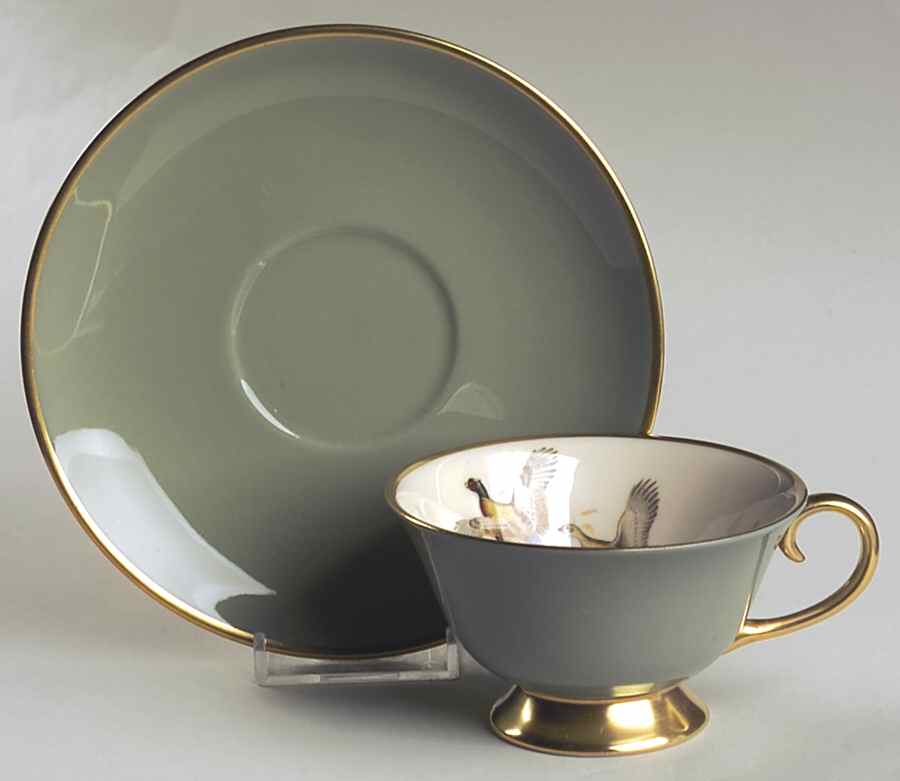 Game Birds Sage Green (Gold Trim, Rim) Footed Cup & Saucer Set by Flintridge-1
