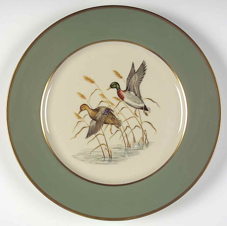 Game Birds Sage Green (Gold Trim, Rim) Dinner Plate by Flintridge-1