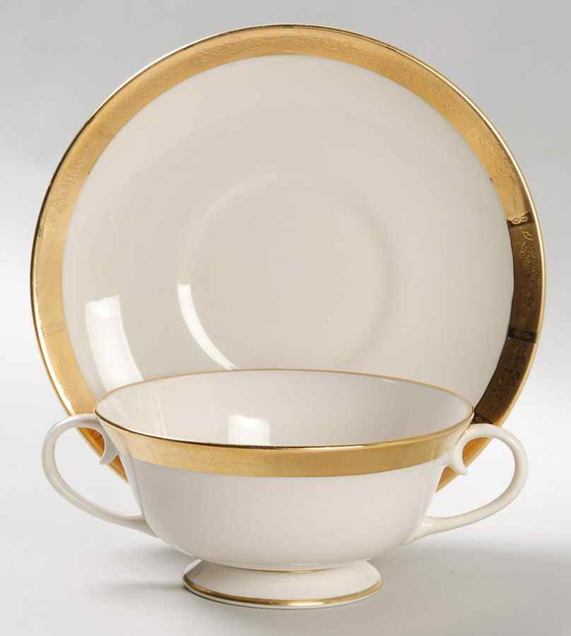 Georgian Rose No Color Band (Gold Trim, Rim) Footed Cream Soup Bowl & Saucer Set by Flintridge-1