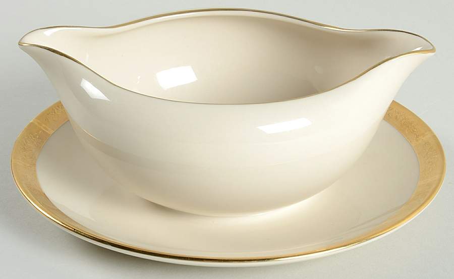 Georgian Rose No Color Band (Gold Trim, Rim) Gravy Boat with Attached Underplate by Flintridge-1