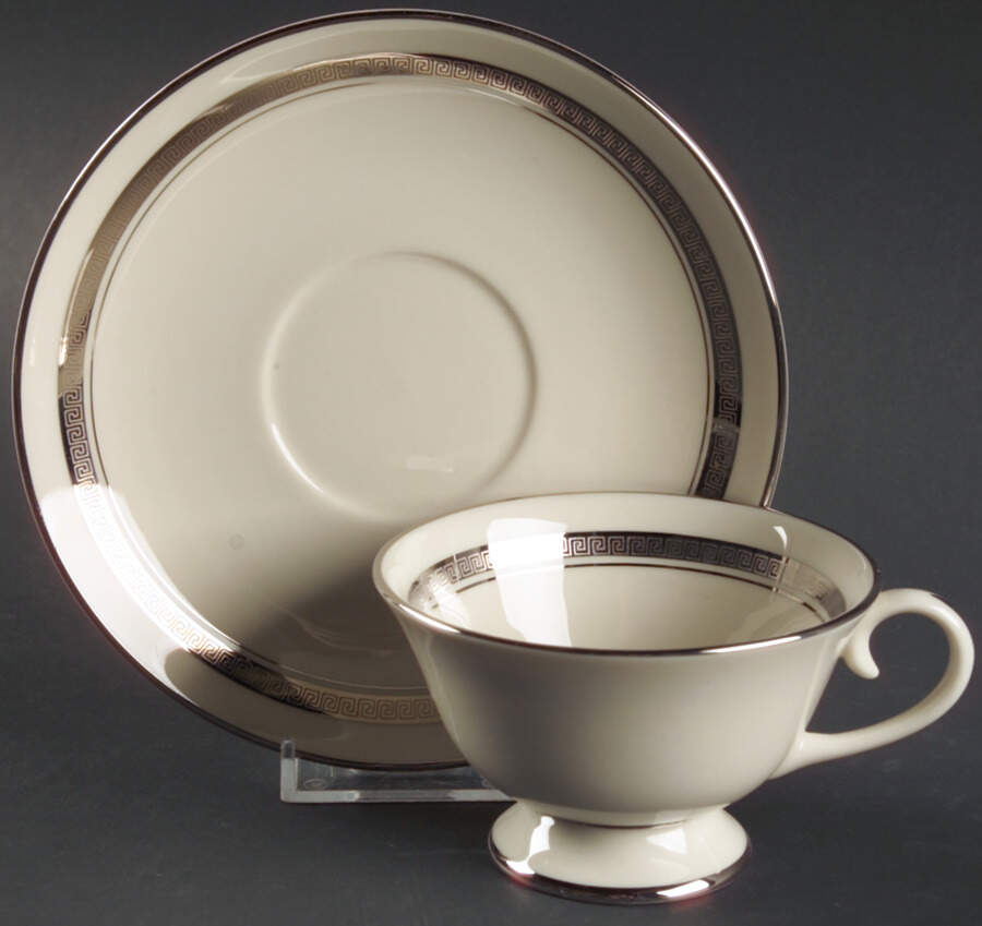 Grecian Key No Color Band (Platinum Trim, Coupe) Footed Cup & Saucer Set by Flintridge-1