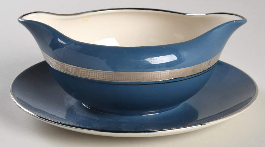 Grecian Key Mystic (Platinum Trim, Coupe) Gravy Boat with Attached Underplate by Flintridge-1