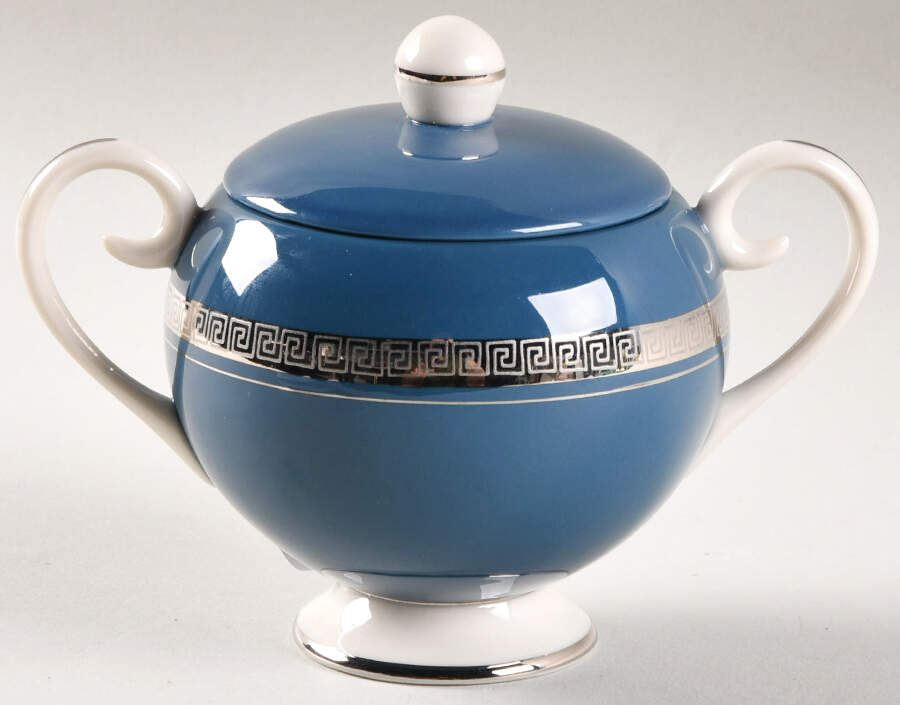 Grecian Key Mystic (Platinum Trim, Rim) Sugar Bowl & Lid by Flintridge-1