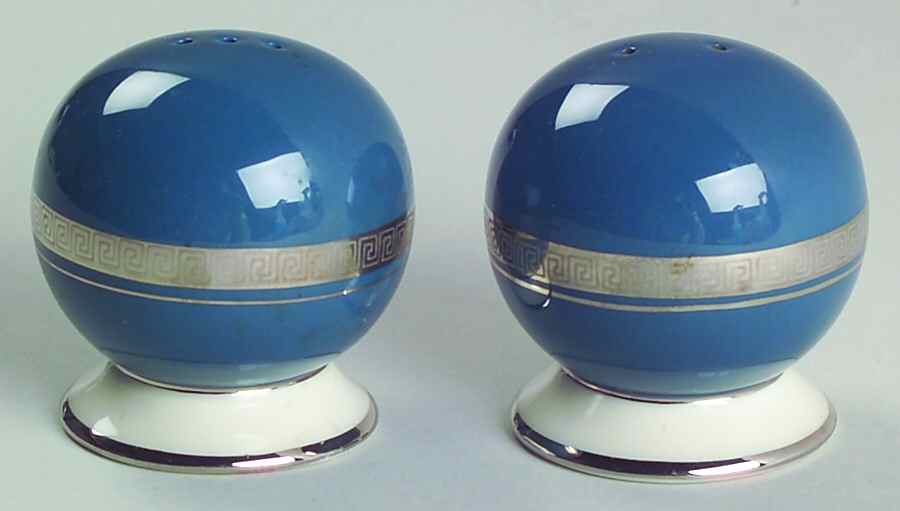 Grecian Key Mystic (Platinum Trim, Rim) Salt & Pepper Set by Flintridge-1