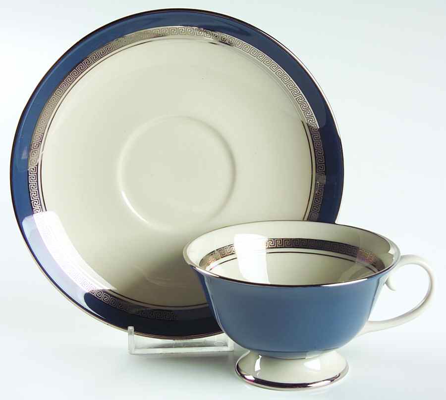 Grecian Key Mystic (Platinum Trim, Rim) Footed Cup & Saucer Set by Flintridge-1