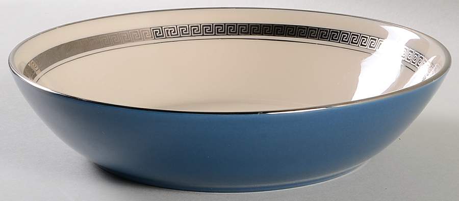 Grecian Key Peacock Blue (Platinum Trim, Coupe) 8" Round Vegetable Bowl by Flintridge-1