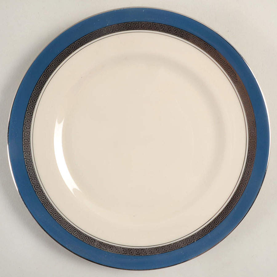 Grecian Key Peacock Blue (Platinum Trim, Rim) Salad Plate by Flintridge-1