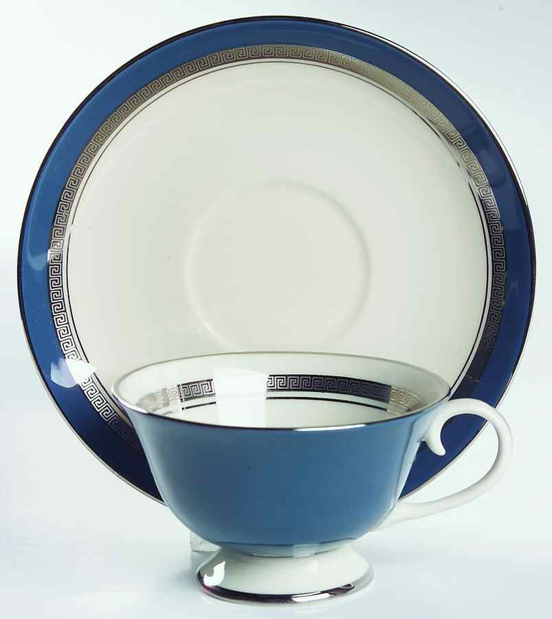 Grecian Key Peacock Blue (Platinum Trim, Rim) Footed Cup & Saucer Set by Flintridge-1