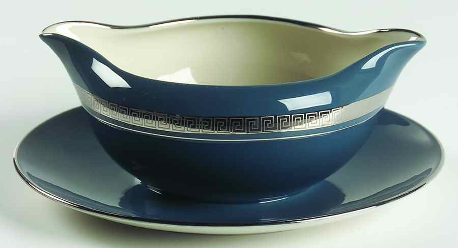 Grecian Key Peacock Blue (Platinum Trim, Rim) Gravy Boat with Attached Underplate by Flintridge-1