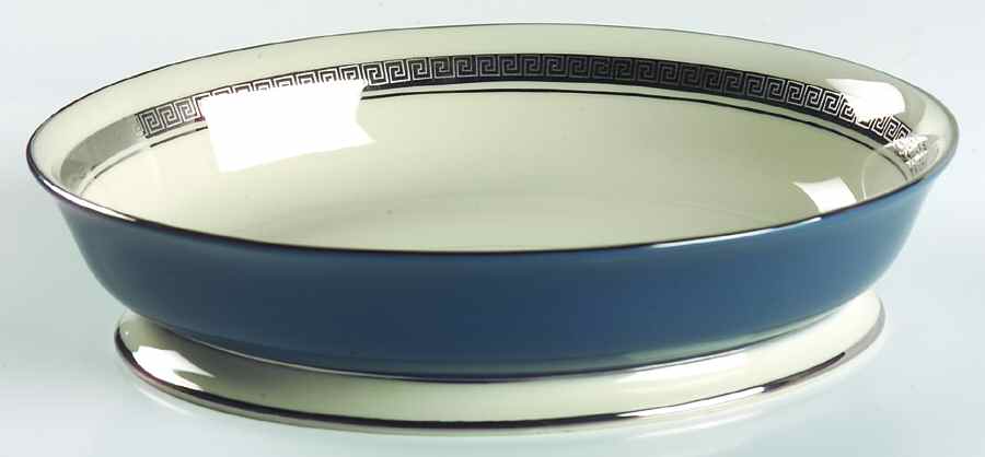 Grecian Key Peacock Blue (Platinum Trim, Rim) 9" Oval Vegetable Bowl by Flintridge-1