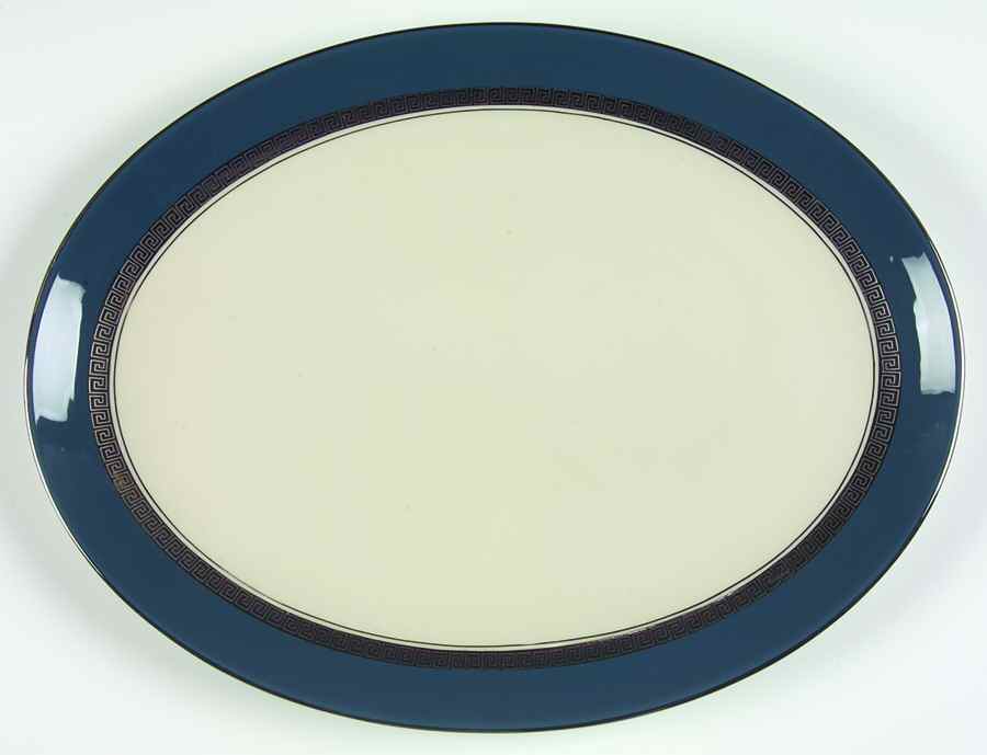 Grecian Key Peacock Blue (Platinum Trim, Rim) 14" Oval Serving Platter by Flintridge-1
