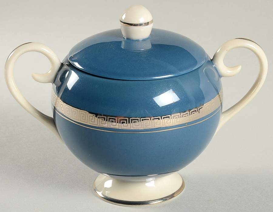 Grecian Key Peacock Blue (Platinum Trim, Rim) Sugar Bowl & Lid by Flintridge-1