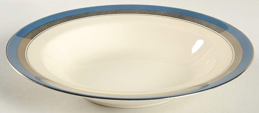 Grecian Key Peacock Blue (Platinum Trim, Rim) Rim Soup Bowl by Flintridge-1