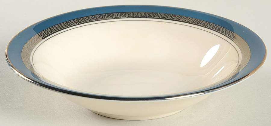 Grecian Key Peacock Blue (Platinum Trim, Rim) Fruit/Dessert (Sauce) Bowl by Flintridge-1