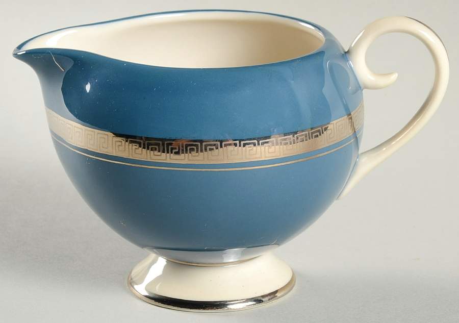 Grecian Key Peacock Blue (Platinum Trim, Rim) Creamer by Flintridge-1
