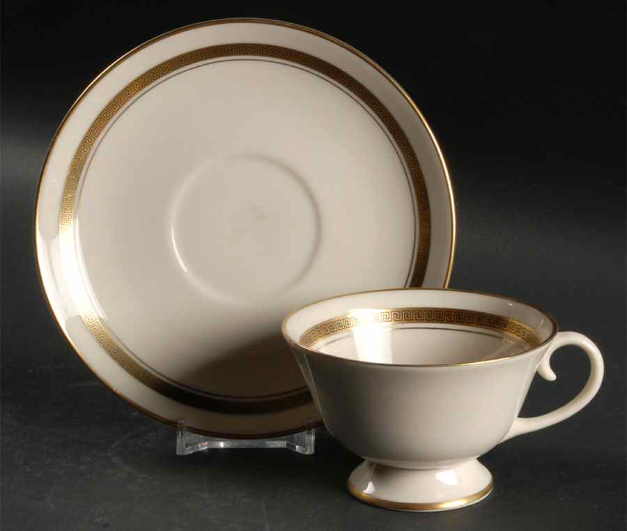 Grecian Key No Color Band (Gold Trim, Rim) Footed Cup & Saucer Set by Flintridge-1
