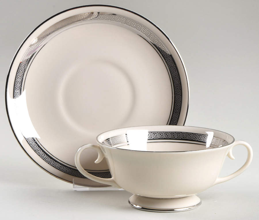 Grecian Key No Color Band (Platinum Trim, Rim) Footed Cream Soup Bowl & Saucer Set by Flintridge-1