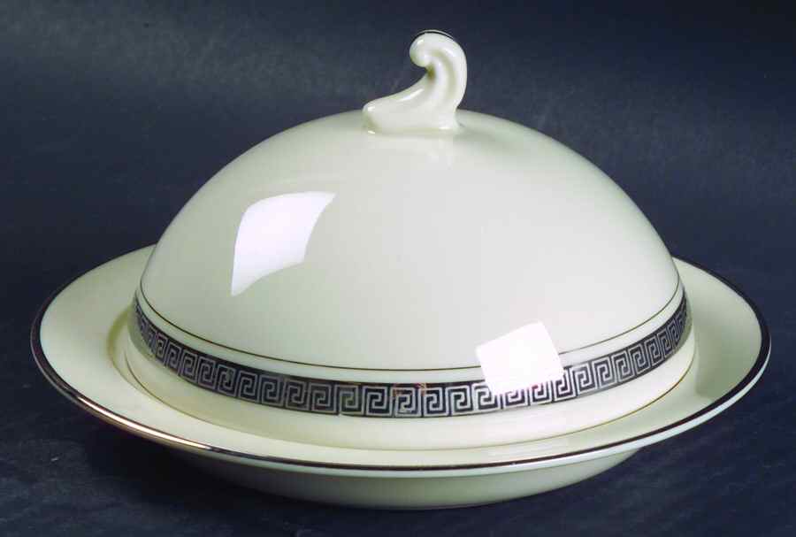 Grecian Key No Color Band (Platinum Trim, Rim) Round Covered Butter by Flintridge-1