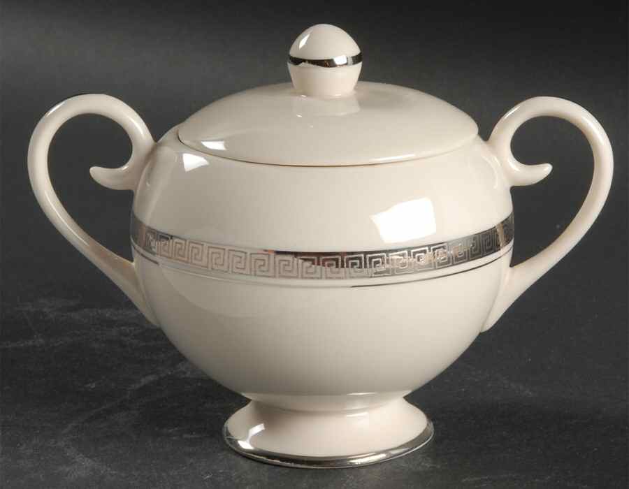 Grecian Key No Color Band (Platinum Trim, Rim) Sugar Bowl & Lid by Flintridge-1