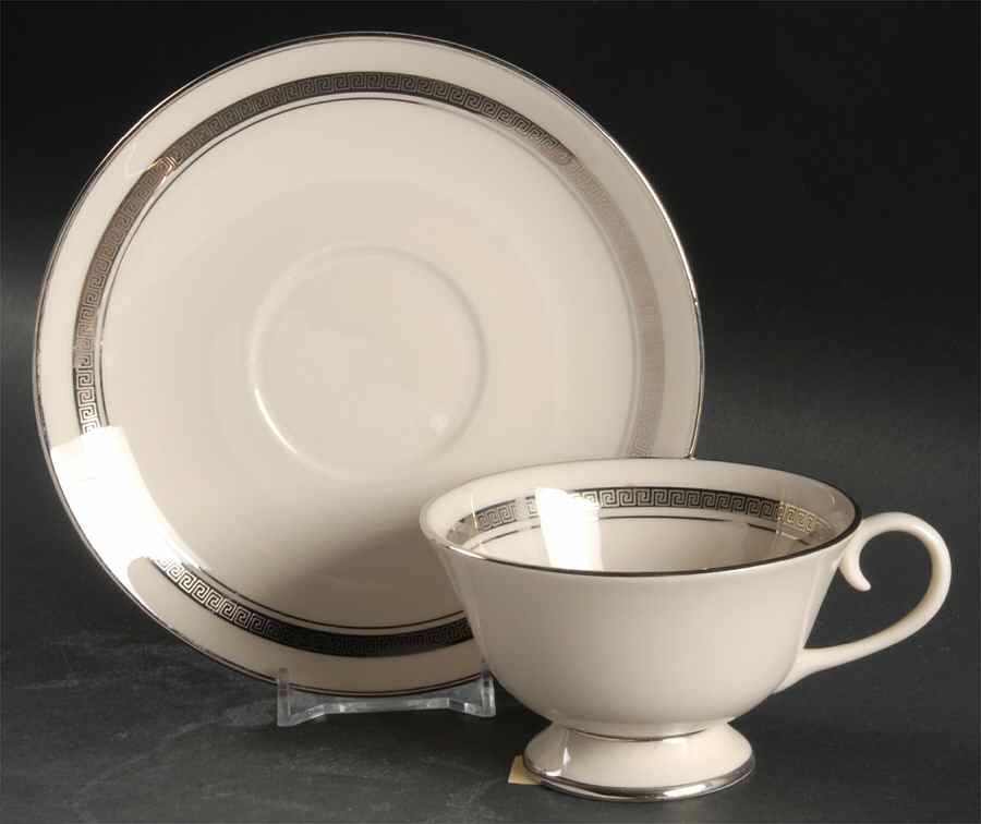 Grecian Key No Color Band (Platinum Trim, Rim) Footed Cup & Saucer Set by Flintridge-1