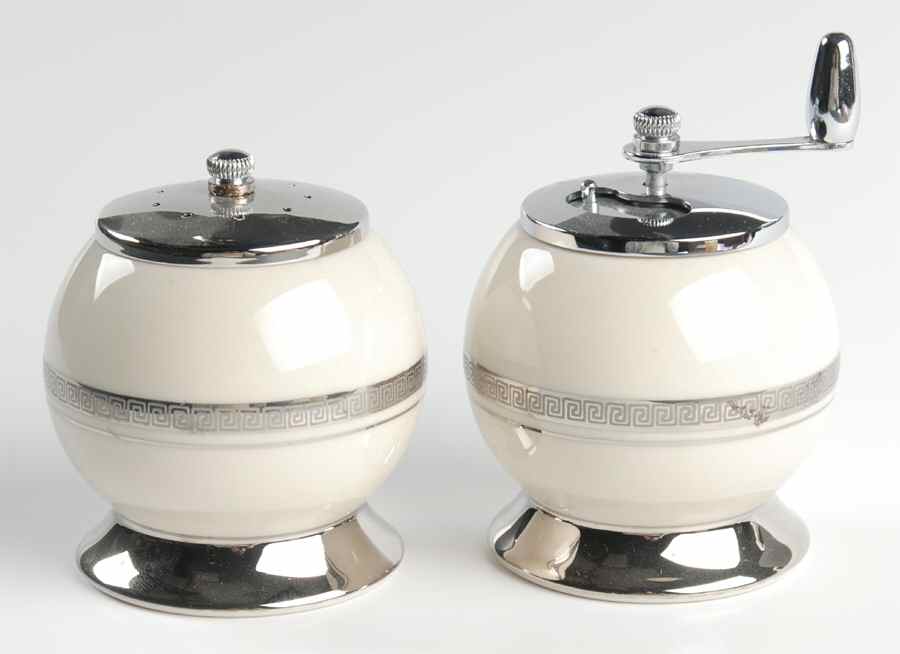 Grecian Key No Color Band (Platinum Trim, Rim) Salt Mill & Pepper Mill Set by Flintridge-1