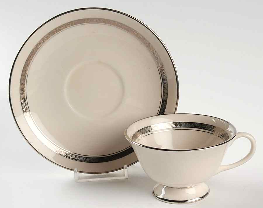 Grecian Key No Color Band (Platinum Trim, Rim) Footed Cup & Saucer Set by Flintridge-1