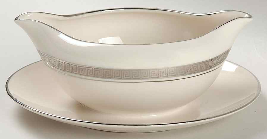 Grecian Key No Color Band (Platinum Trim, Rim) Gravy Boat with Attached Underplate by Flintridge-1