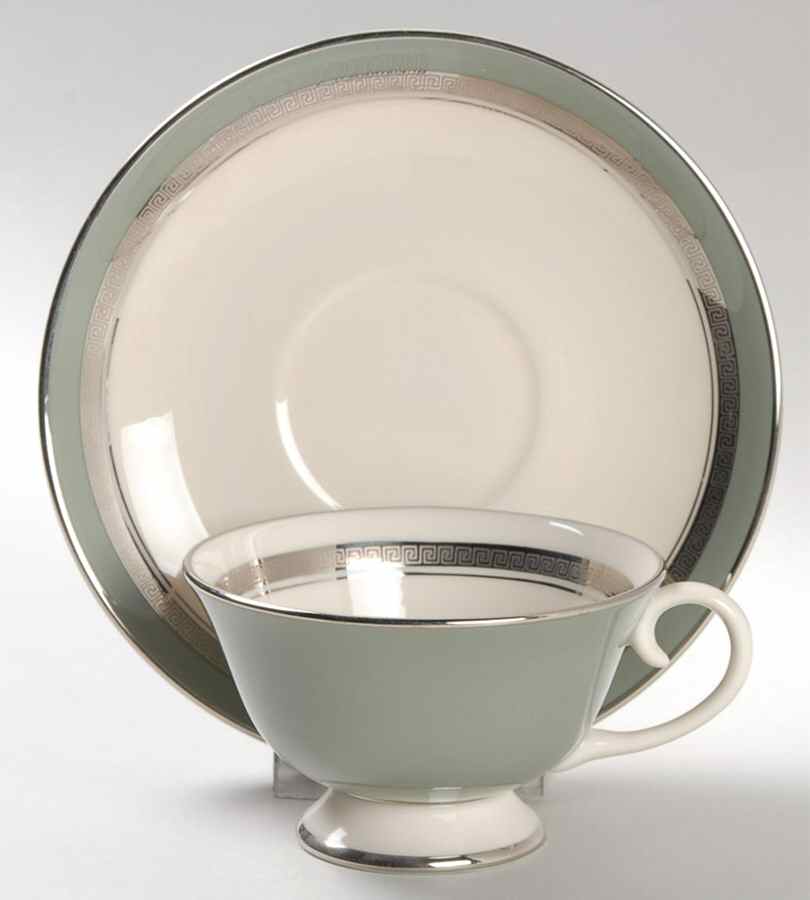 Grecian Key Sage Green (Platinum Trim, Rim) Footed Cup & Saucer Set by Flintridge-1