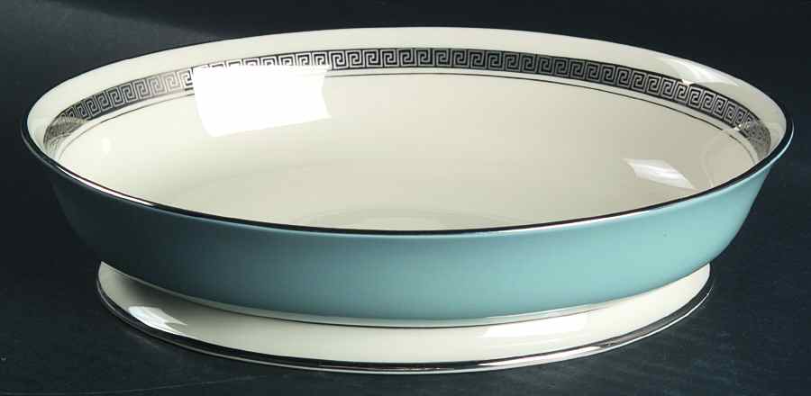 Grecian Key Strata Blue (Platinum Trim, Rim) 9" Oval Vegetable Bowl by Flintridge-1