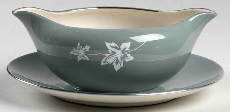 Misty Leaf Peacock Blue Gravy Boat with Attached Underplate by Flintridge-1