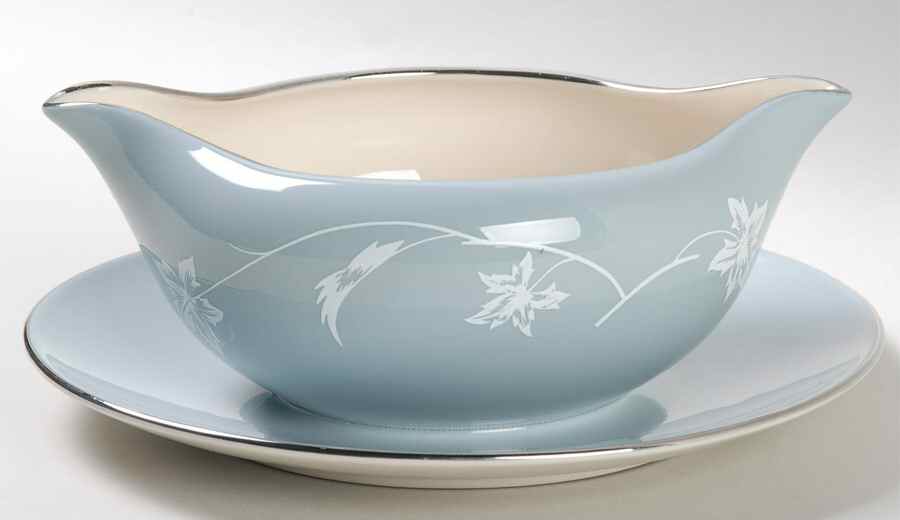 Misty Leaf Strata Blue Gravy Boat with Attached Underplate by Flintridge-1