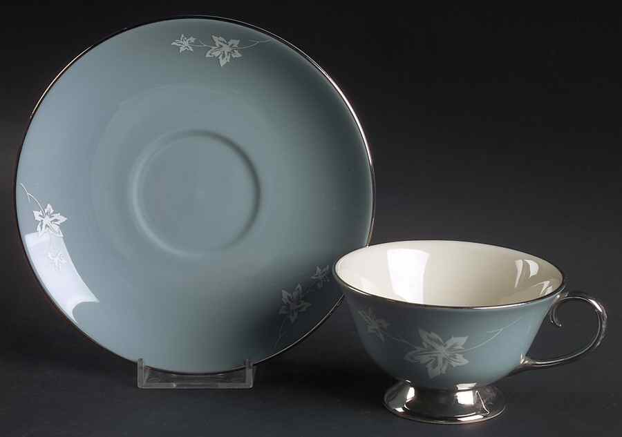 Misty Leaf Strata Blue Traditional Footed Cup & Saucer Set by Flintridge-1