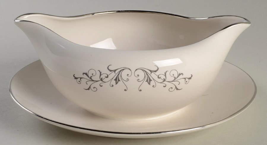 Pierra Grey (Platinum Rim) Gravy Boat with Attached Underplate by Flintridge-1